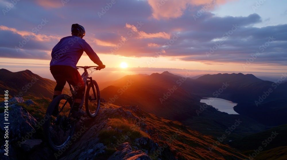 Fototapeta premium Cyclist mountaintop sunset view, loch background, adventure