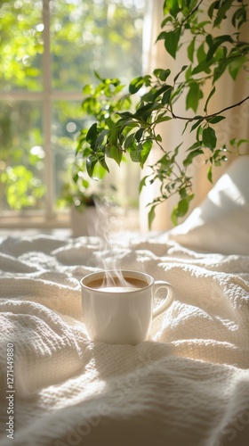 Warm cup of coffee on cozy bed with soft blankets and sunlight filtering thro...