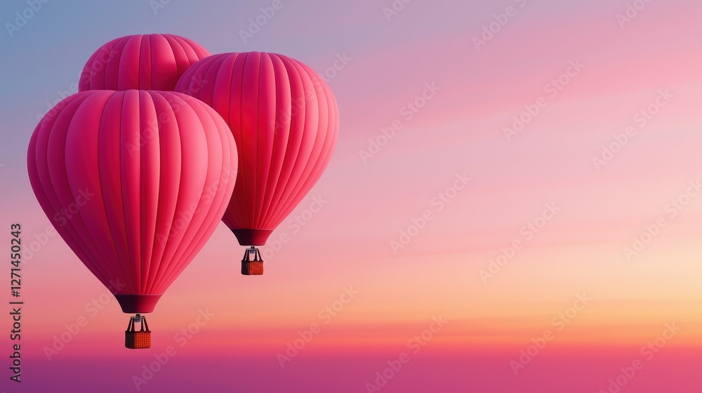 Fototapeta premium Three Pink Hot Air Balloons Floating Above Horizon at Sunset Offering Serene Dreamy Vista
