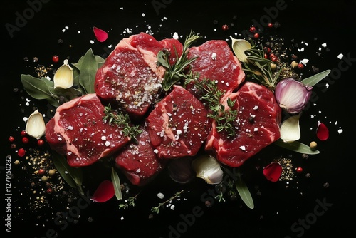 Freshly prepared beef steaks seasoned with herbs ready for grilling at a kitc...