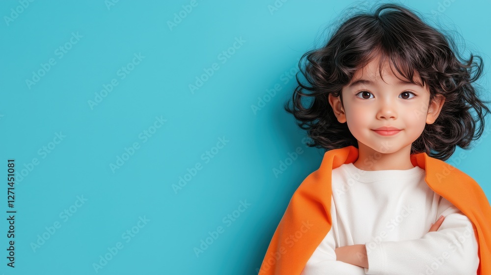 Child with curly hair confidently poses with arms crossed, wearing an orange cape against a colorful blue backdrop Child with curly hair confidently poses with arms crossed, wearing an orange cape against a colorful blue backdrop