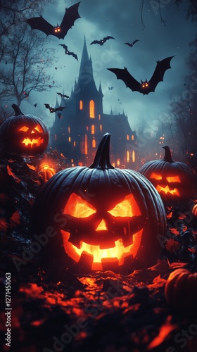 Spooky Halloween pumpkin patch illuminated by glowing jack-o-lanterns in a da...