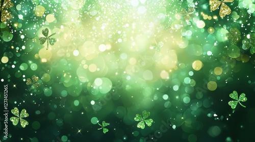 St Patricks Day Green Background with Glittering Clovers and Bokeh Lights Celebration Backdrop photo