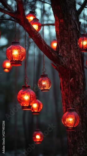 Hanging red lanterns illuminate garden in early evening light