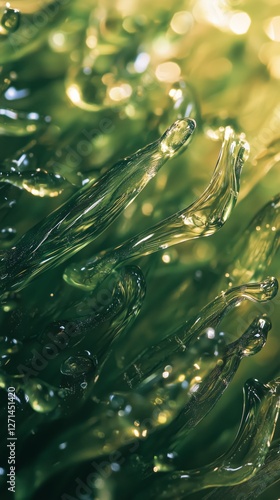 Intricate green droplets radiate from a central sphere in a mesmerizing abstr...