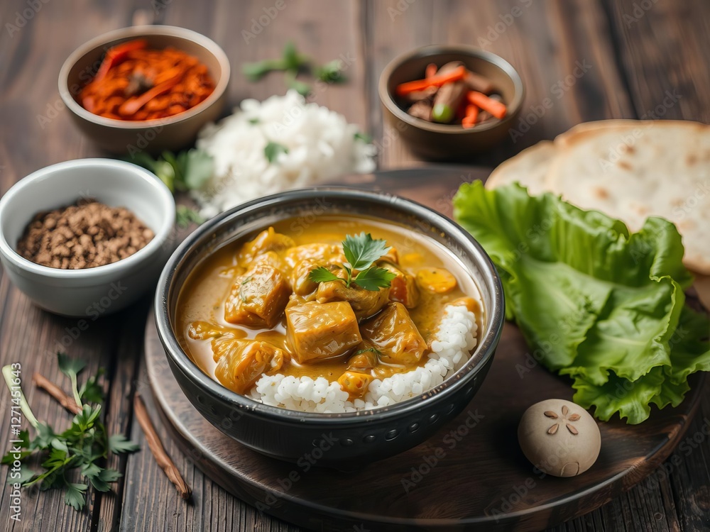 Roti bread served with fragrant green curry on rustic wooden background, dinner, curry, delicious Roti bread served with fragrant green curry on rustic wooden background, dinner, curry, delicious