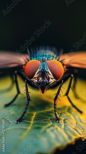 Detailed close-up of a vibrant fly resting on a leafy surface in a lush green...