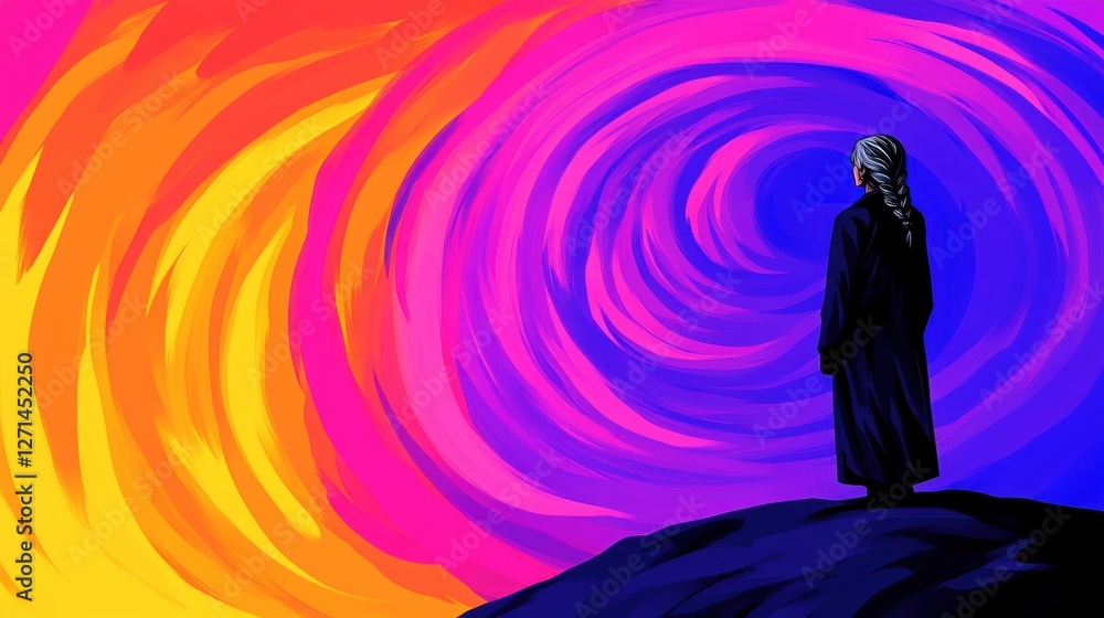 Person in dark coat observing vibrant abstract swirling colors Person in dark coat observing vibrant abstract swirling colors