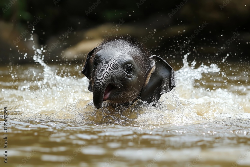 Baby elephant playing in water during daylight in a natural habitat near a river Baby elephant playing in water during daylight in a natural habitat near a river