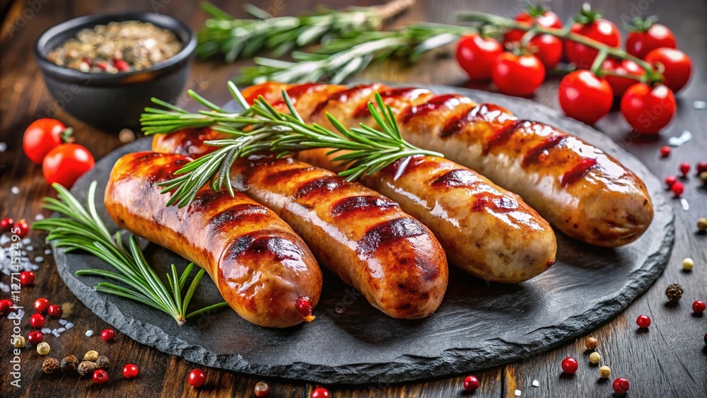 A Christmas sausage feast, sizzling on a stone table, with vibrant cranberry sauce and fresh greens. A Christmas sausage feast, sizzling on a stone table, with vibrant cranberry sauce and fresh greens.
