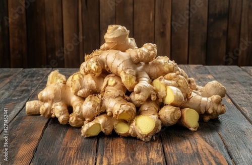 Fresh ginger root piled on rustic wooden table