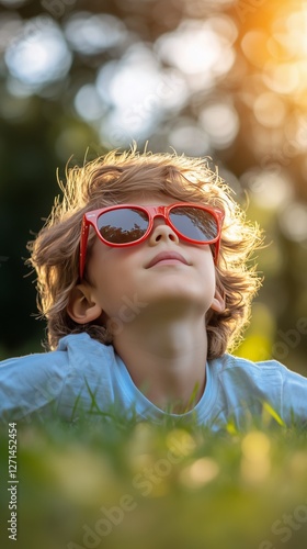 Boy wearing red sunglasses enjoys a sunny day outdoors in a lush green park s...