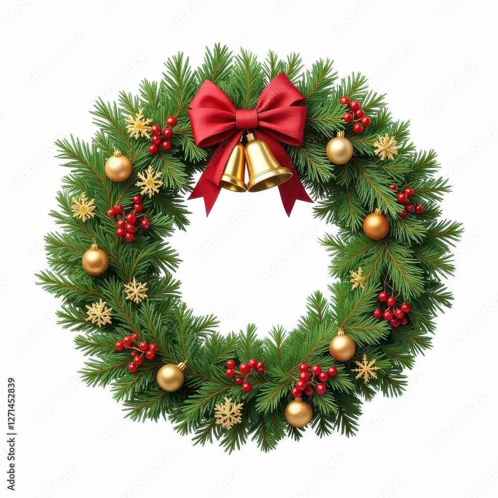 Festive Christmas Wreath with Red Bow and Golden Bells Holiday Celebration Decoration Design Festive Christmas Wreath with Red Bow and Golden Bells Holiday Celebration Decoration Design