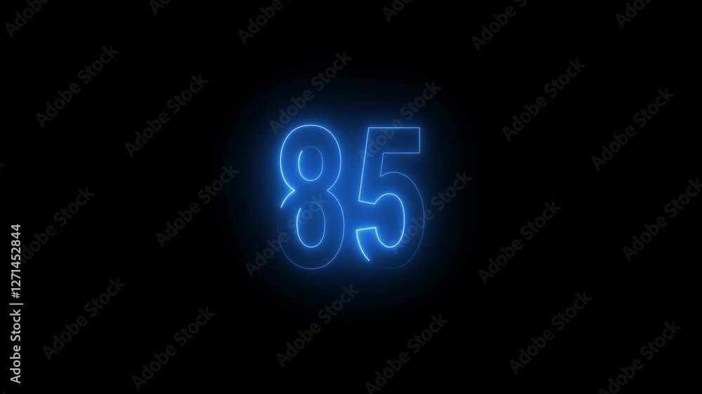 Abstract glowing neon text 85 number countdown icon. Glowing sign on black background. Abstract glowing neon text 85 number countdown icon. Glowing sign on black background.