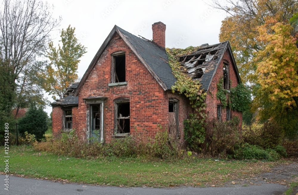Abandoned red brick house with overgrown vegetation and fallen roof Abandoned red brick house with overgrown vegetation and fallen roof