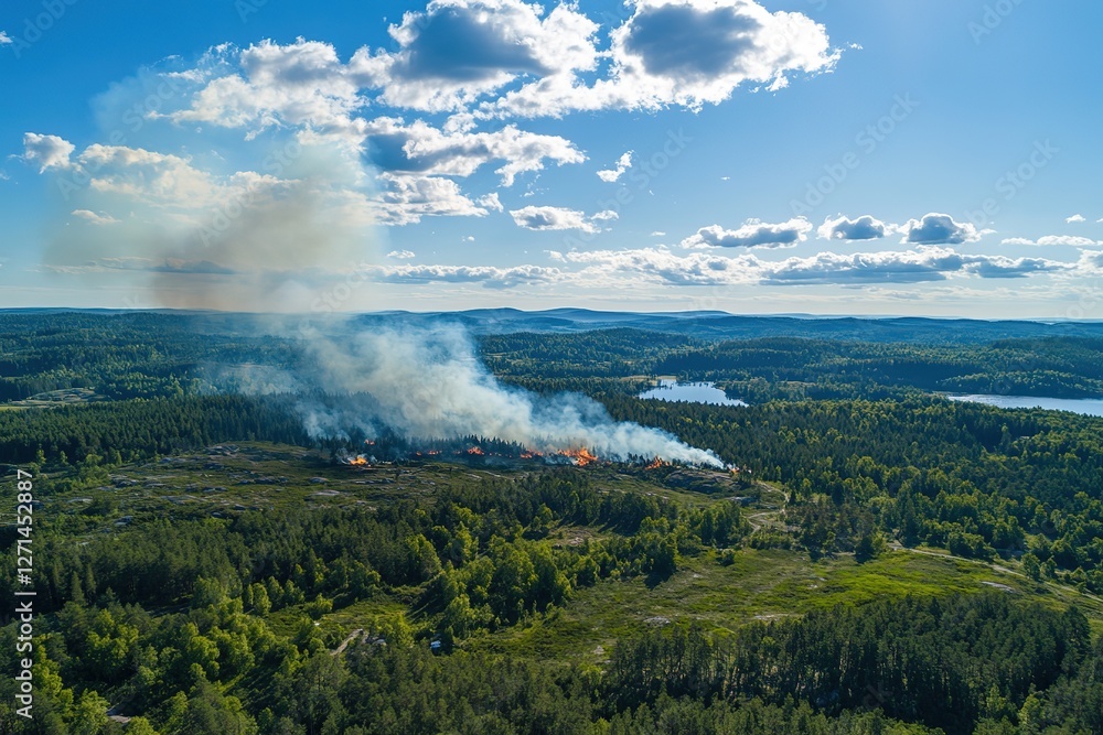 Scandinavian Inferno: A Breathtaking Aerial View of a Devastating Forest Fire. Witness the raw power of nature's fury as flames consume the tranquil landscape of the Nordic wilderness. A dramatic     