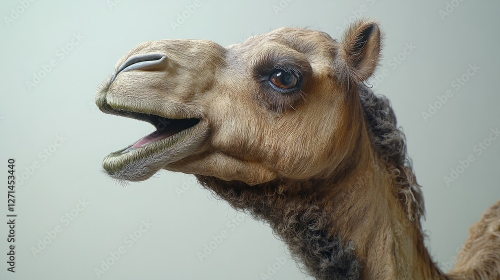 Obraz premium A highly detailed portrait of a camel's face, showing the textures of its fur and eyes, isolated on a white background