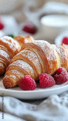 Freshly baked croissants served with raspberries on a white plate in a modern...