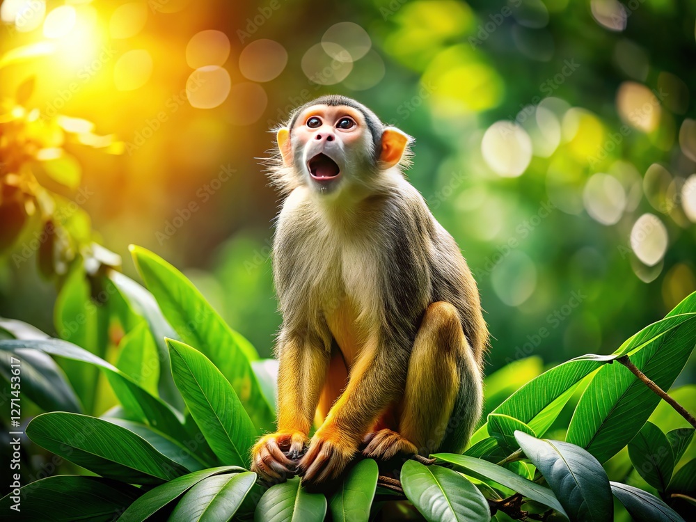Obraz premium A monkey in a leafy jungle canopy, a wildlife nature scene.