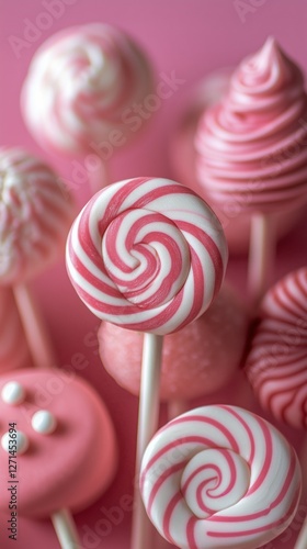 Colorful lollipops and cotton candy in a lively display against a pink backgr...