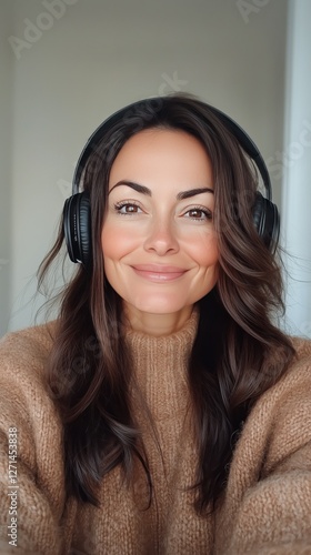 Smiling woman wearing headphones in cozy indoor setting with natural light du...