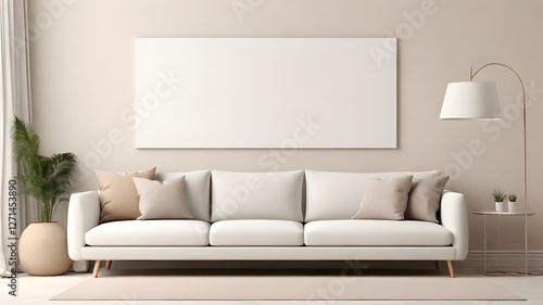 Blank white modern canvas art mockup against a light beige wall with minimalist furniture and a grey sofa 