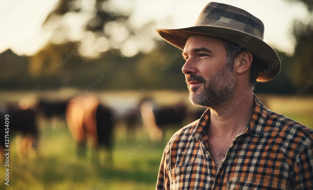 Obraz premium Farmworker enjoying a peaceful evening with cows in the field