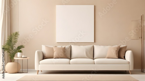 Blank white modern canvas art mockup against a soft beige living room wall, minimalist furniture, and a light brown sofa background 