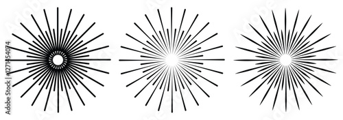 Vintage sunburst collection. Bursting golden sun rays. Fireworks. Logotype or lettering design element. Radial sunset beams. Vector illustration. sunburst icon.