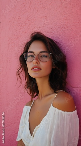 Young woman wearing glasses poses in front of a pink wall during daylight