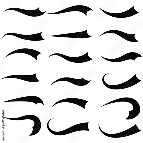 Swish and swash tail collection. Collection of black decorative pen lines and strokes. Underline swish tails for sport text logos, swirl calligraphic font line decoration element. Vector illustrator .