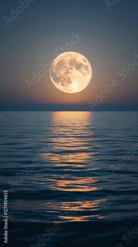 Majestic full moon reflecting over calm water at night near the shoreline