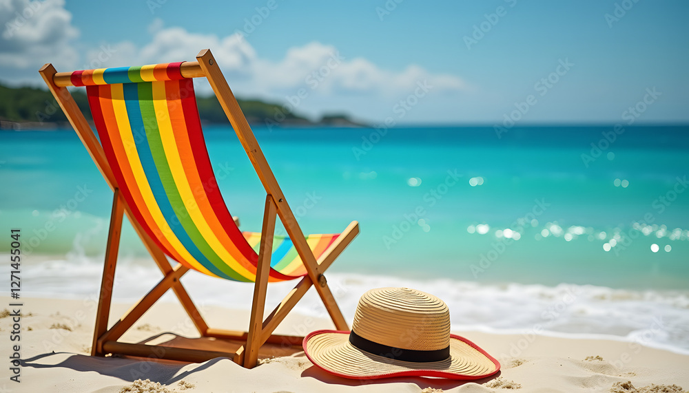 Tropical beach chair with vibrant stripes and straw hat on sandy shore under sunny sky
Tropical beach chair with vibrant stripes and straw hat on sandy shore under sunny sky