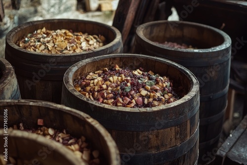 apple cider vinegar brewing process in wooden barrels, captured in a cider house