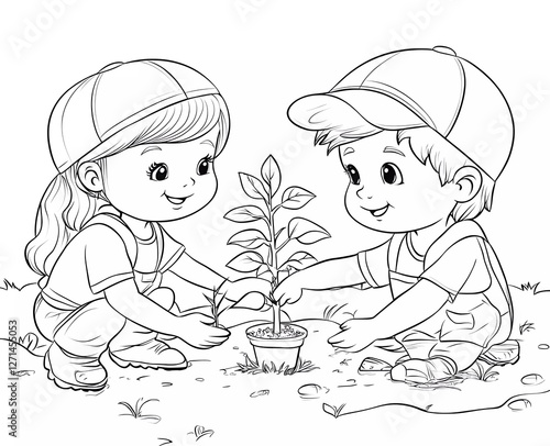 Black and white coloring page for kids, cartoon-style. A cute boy and girl are planting trees in the garden