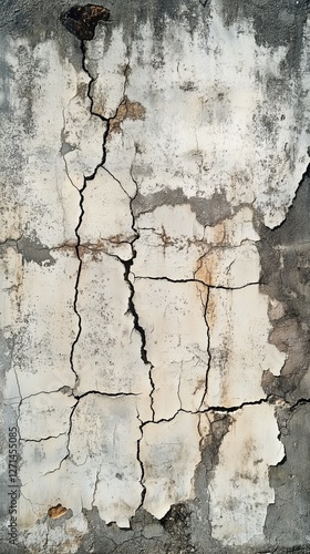 Cracked wall with peeling paint showing signs of age and wear in a weathered ...