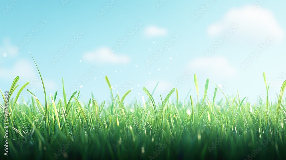 Fototapeta premium Beautiful sunny spring meadow with green grass and blue sky. Abstract background with light bokeh and space for text.