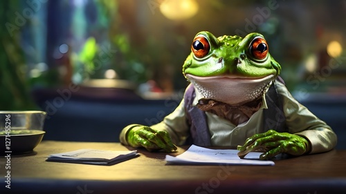 frog paying bill, Cinematic Theme, HDR, Highly Vibrant 