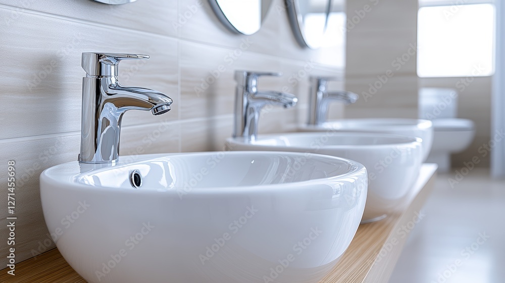 Modern bathroom interior with elegant chrome faucets and white sinks on wooden countertop Modern bathroom interior with elegant chrome faucets and white sinks on wooden countertop