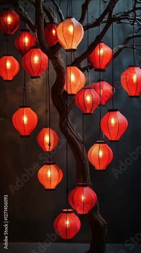 Hanging red lanterns illuminate garden in early evening light