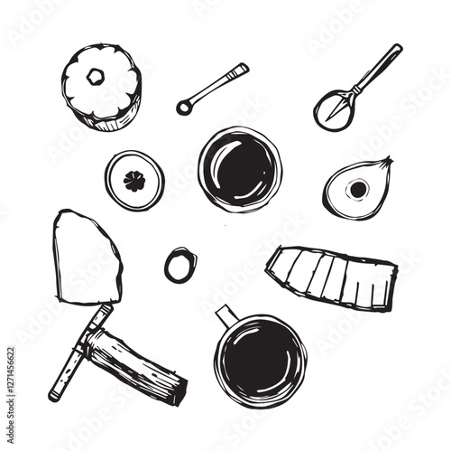 Vector illustration of food and coffee icons in chalk, crayon drawing style. Hand draw la dolce vita breakfast doodles. Minimalist line art. Illustration for invitations, menus design, social media