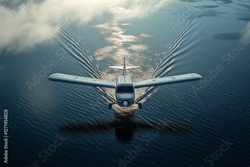 Vintage airplane flying over calm ocean during sunset