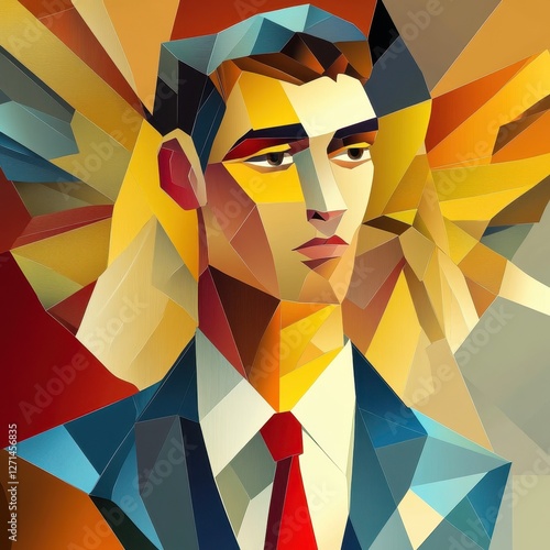 digital portrait of a man in a suit with a side glance and serious expression against a colorful abstract backdrop