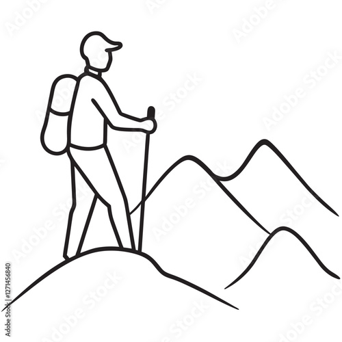 A lone trekker standing on a mountain summit with a backpack 