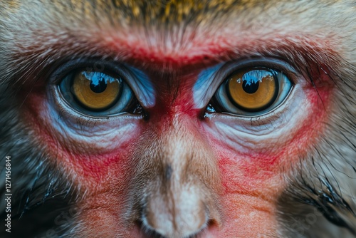 Close-up view of a monkey showcasing striking eyes and facial details in natu...
