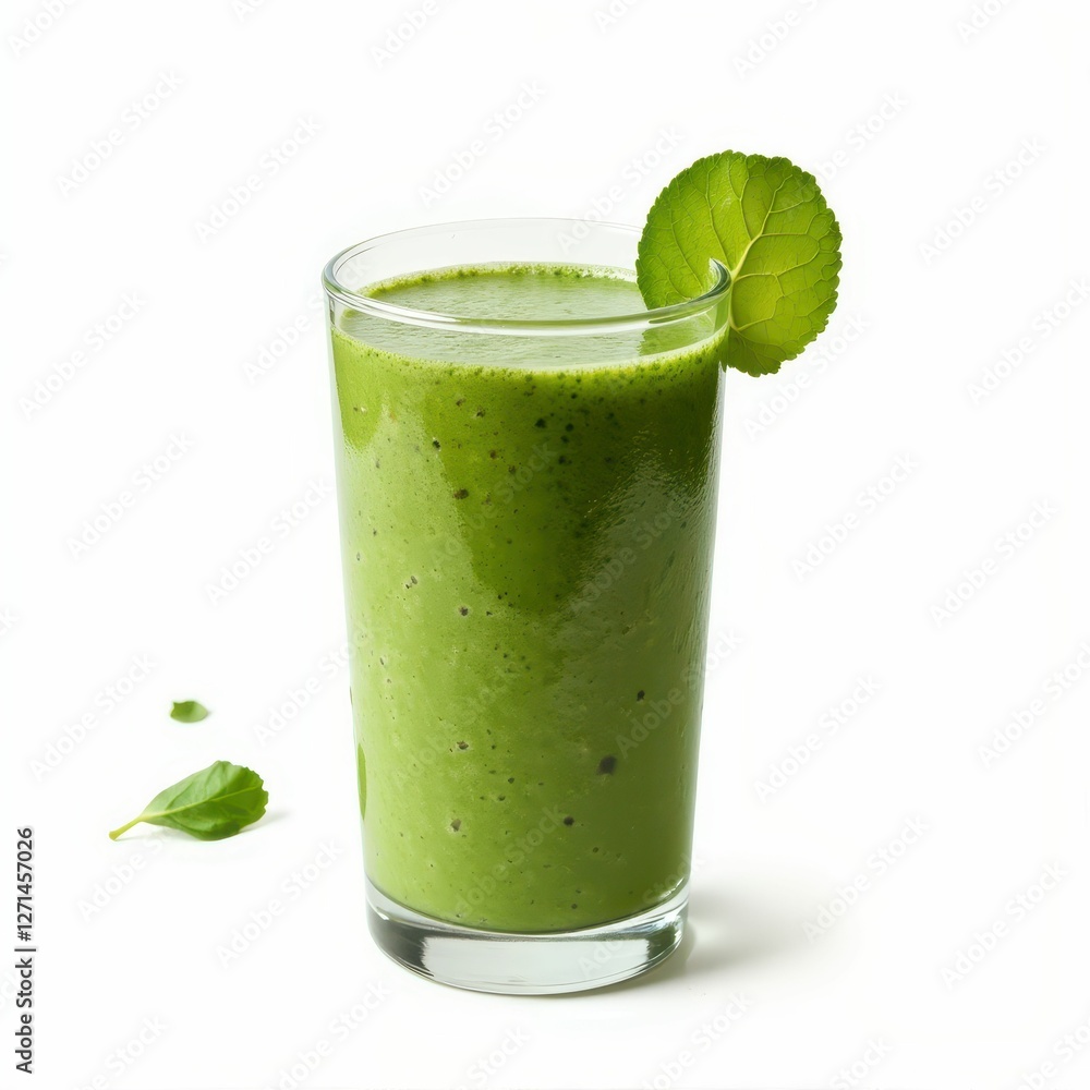 Vibrant Green Smoothie Refreshment in a Glass with Leaf Garnishing and Healthy Lifestyle Concept