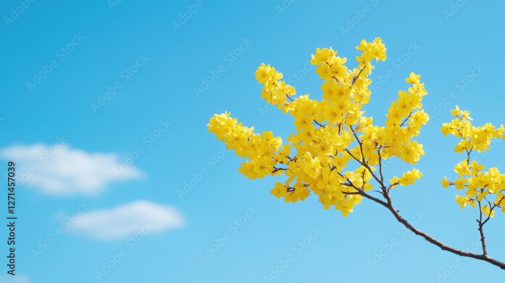 Bright yellow blossoms against clear blue sky with soft white clouds Bright yellow blossoms against clear blue sky with soft white clouds