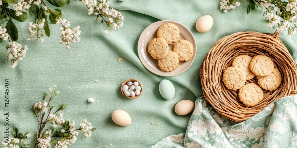 Easter theme with cookies and eggs on green fabric with blossoms Easter theme with cookies and eggs on green fabric with blossoms