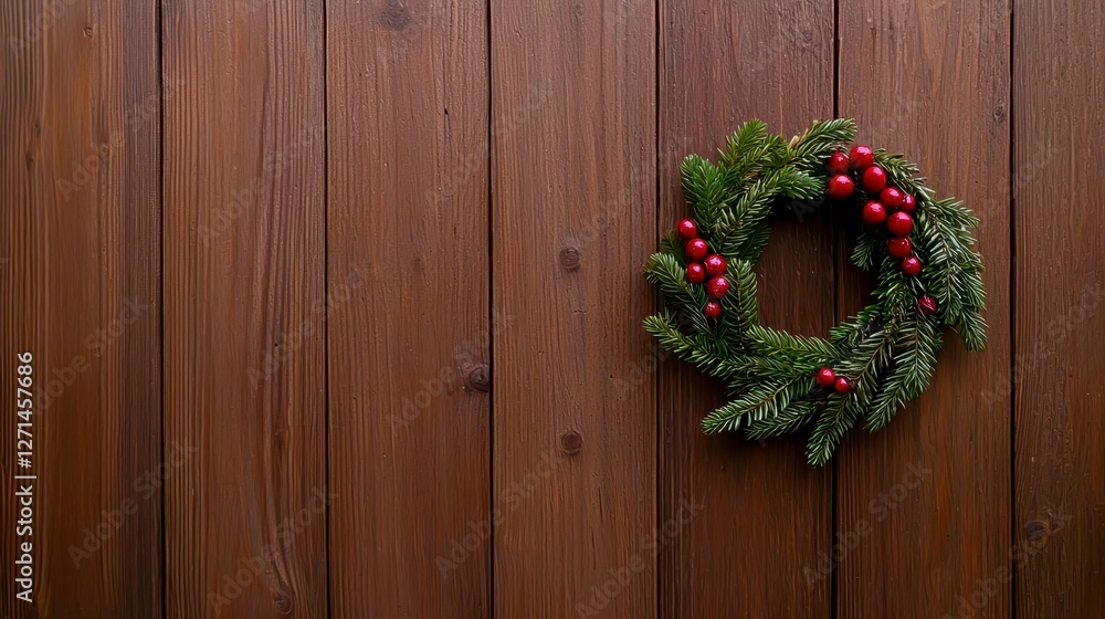 Festive Evergreen Wreath with Red Berries on Rustic Wooden Wall a Christmas Holiday Season Decoration Festive Evergreen Wreath with Red Berries on Rustic Wooden Wall a Christmas Holiday Season Decoration