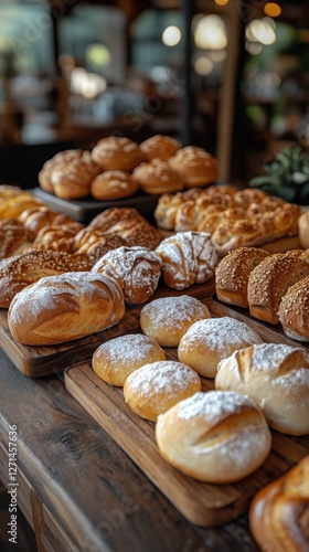 Freshly baked assortment of breads and pastries on a wooden table with berrie...